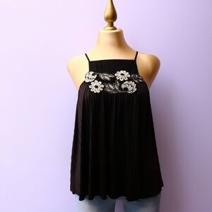 Anthropologie Deletta Pleated Floral Applique Tank Top, Black Size Small